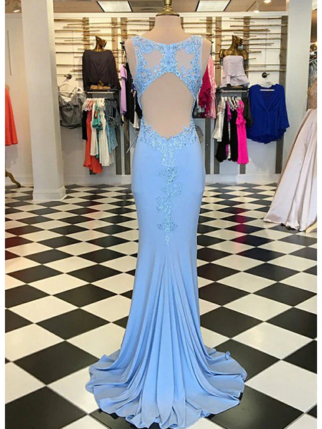 Wholesa Trumpet/Mermaid Scalloped Neck Sleeveless Sweep Train Satin Prom Dress With Appliqued