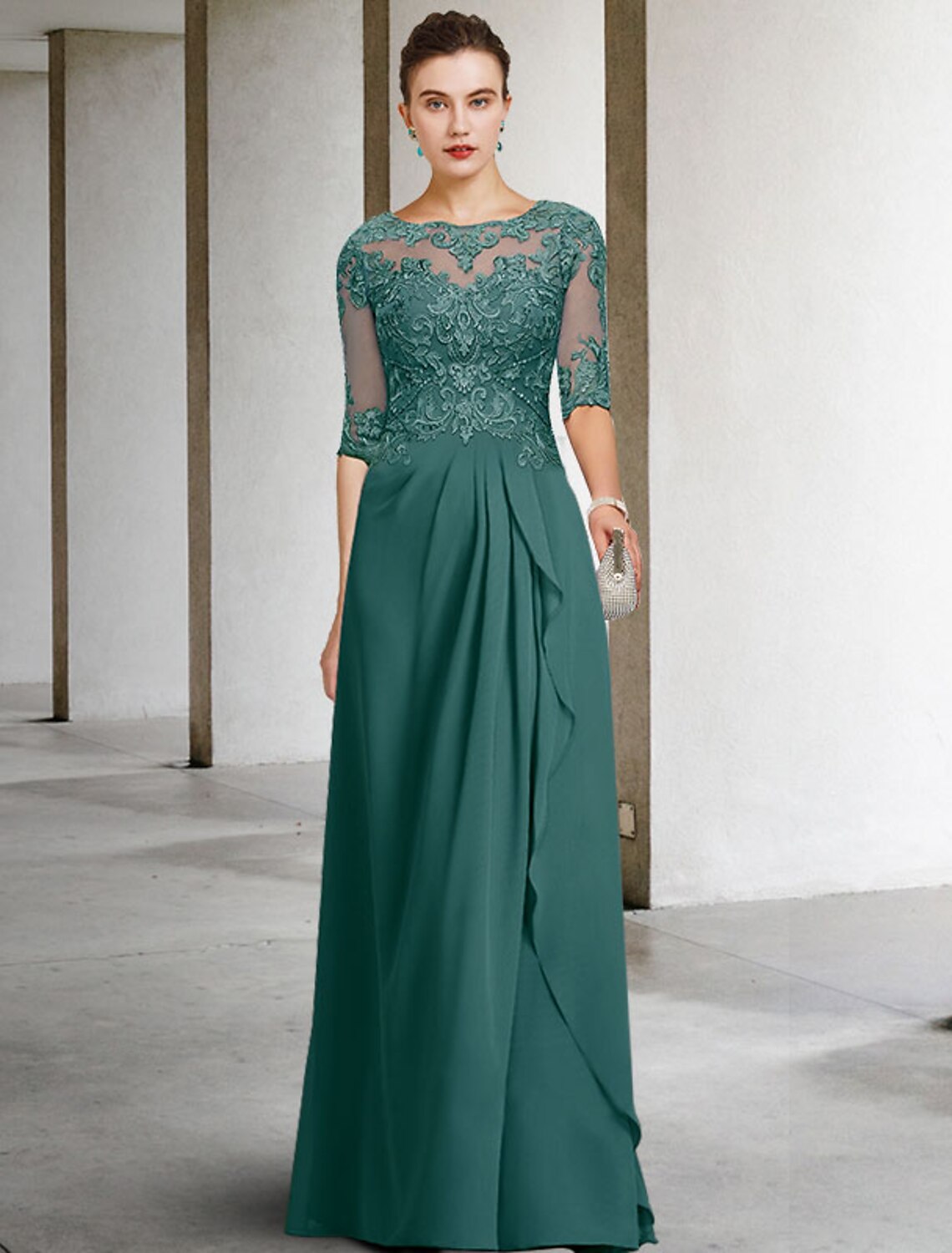 wholesale  A-Line Mother of the Bride Dress Plus Size Elegant Jewel Neck Floor Length Chiffon Lace Half Sleeve with Pleats Beading Appliques