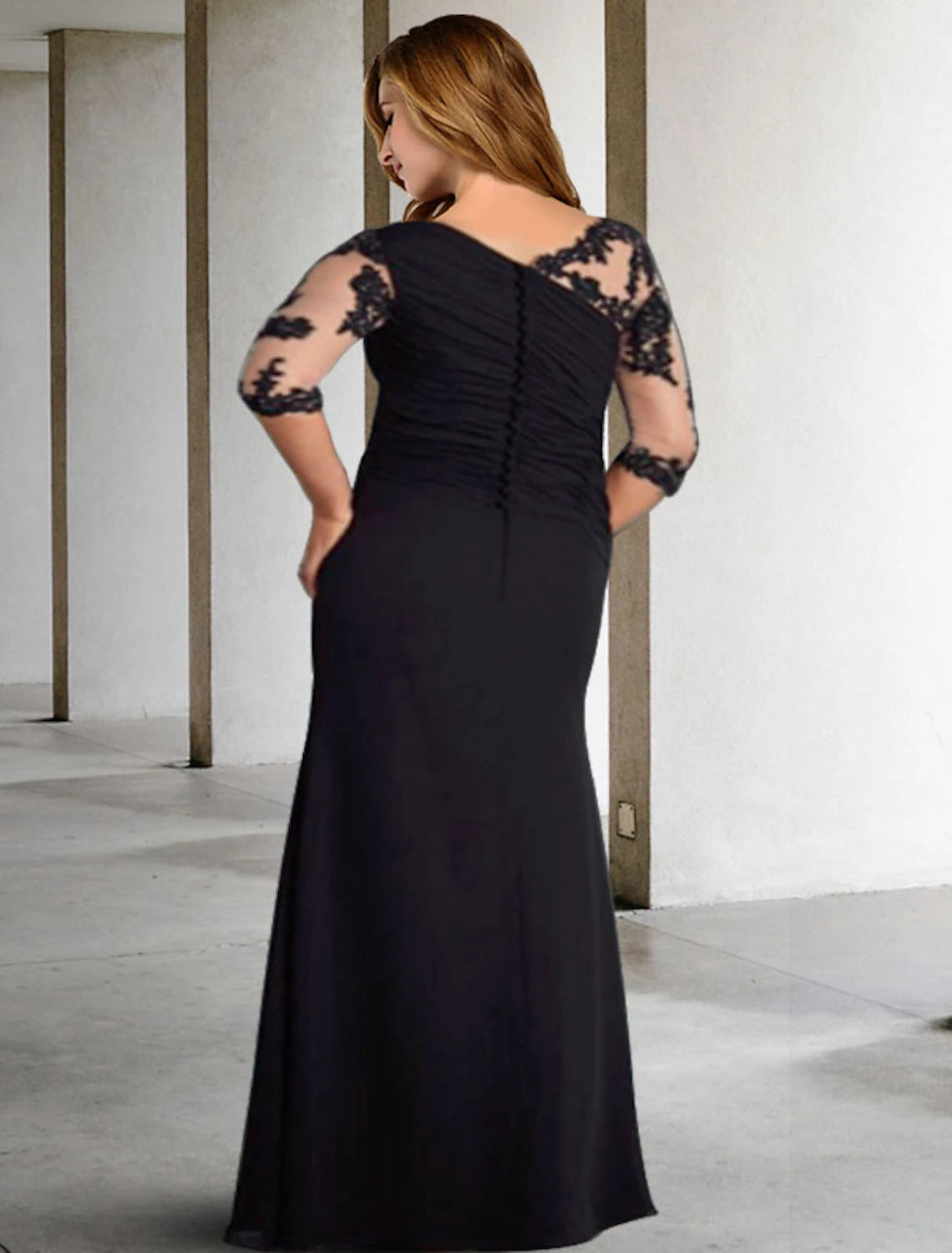 wholesale  A-Line Mother of the Bride Dresses Plus Size Hide Belly Curve Elegant Fall Wedding Guest Dress Formal Floor Length Half Sleeve Jewel Neck Chiffon with Pleats Ruched Appliques