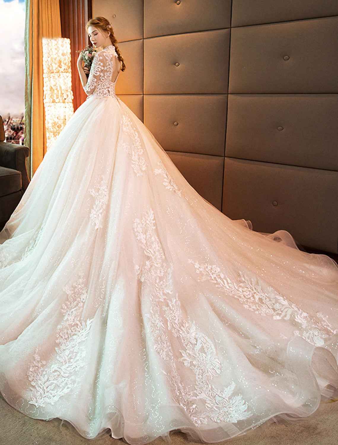 wholesale  Engagement Sparkle & Shine Formal Fall Wedding Dresses Ball Gown High Neck Long Sleeve Cathedral Train Lace Bridal Gowns With Sequin Appliques