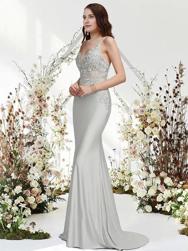 Wholesa Mermaid / Trumpet Evening Gown Empire Dress Wedding Guest Sweep / Brush Train Sleeveless V Neck Chiffon with Appliques