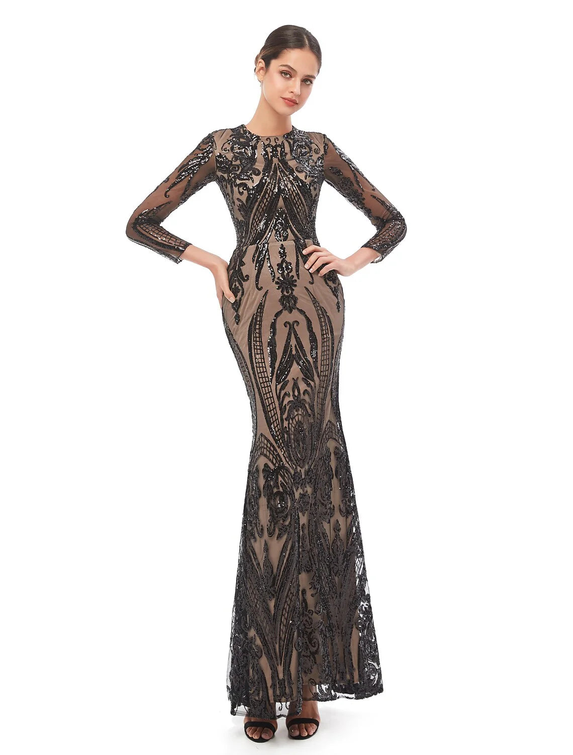 Wholesa Mermaid / Trumpet Luxurious Elegant Prom Formal Evening Dress Jewel Neck Long Sleeve Detachable Sequined with Sequin