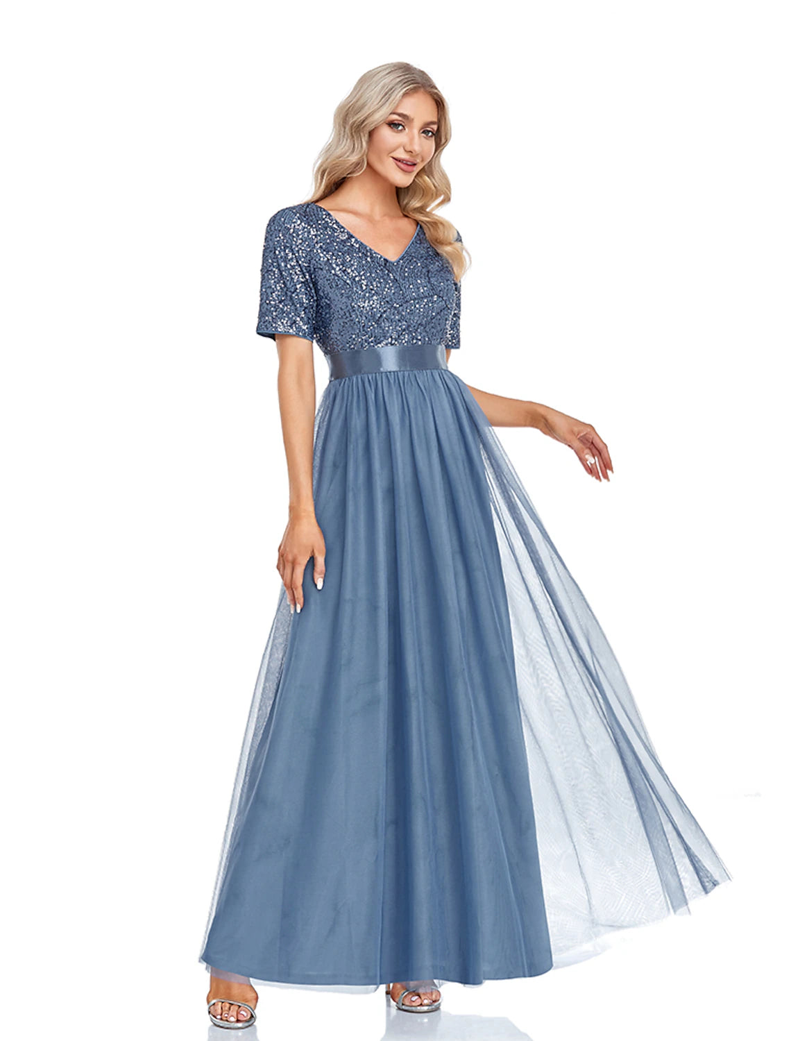 wholesa A-Line Evening Gown Sparkle & Shine Dress Wedding Guest Prom Floor Length Short Sleeve V Neck Bridesmaid Dress Tulle with Sequin Splicing