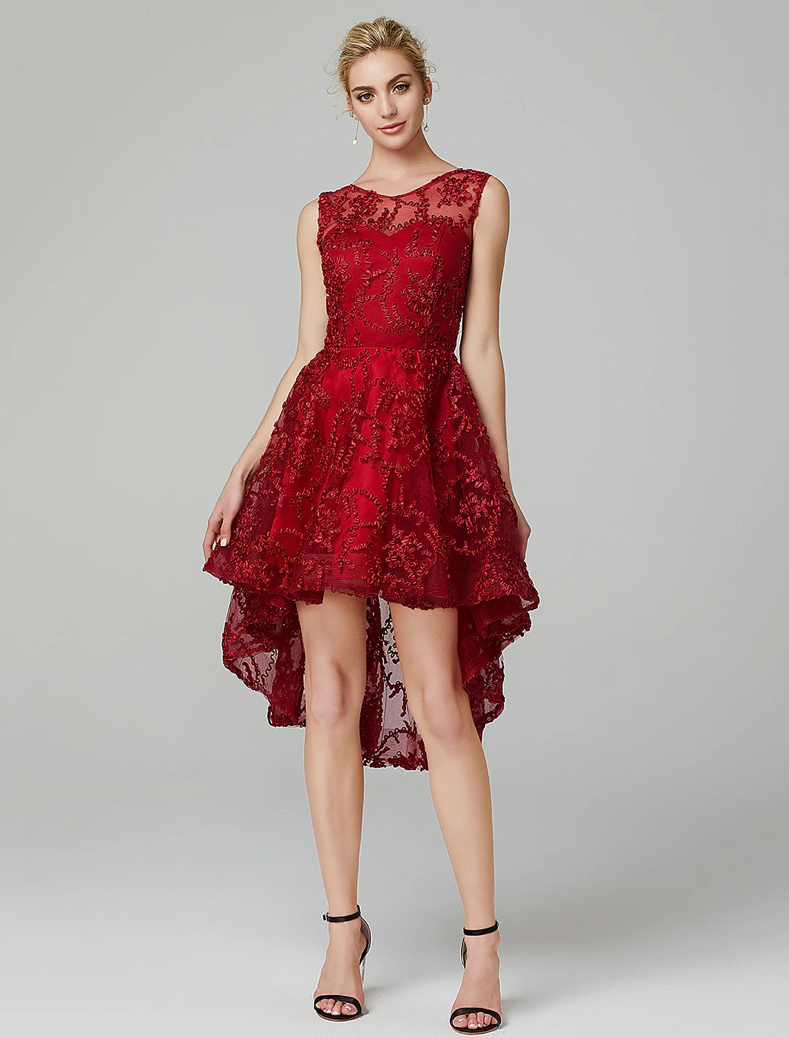 wholesa A-Line Hot Dress Wedding Guest Cocktail Party Asymmetrical Sleeveless Illusion Neck Tulle with Appliques