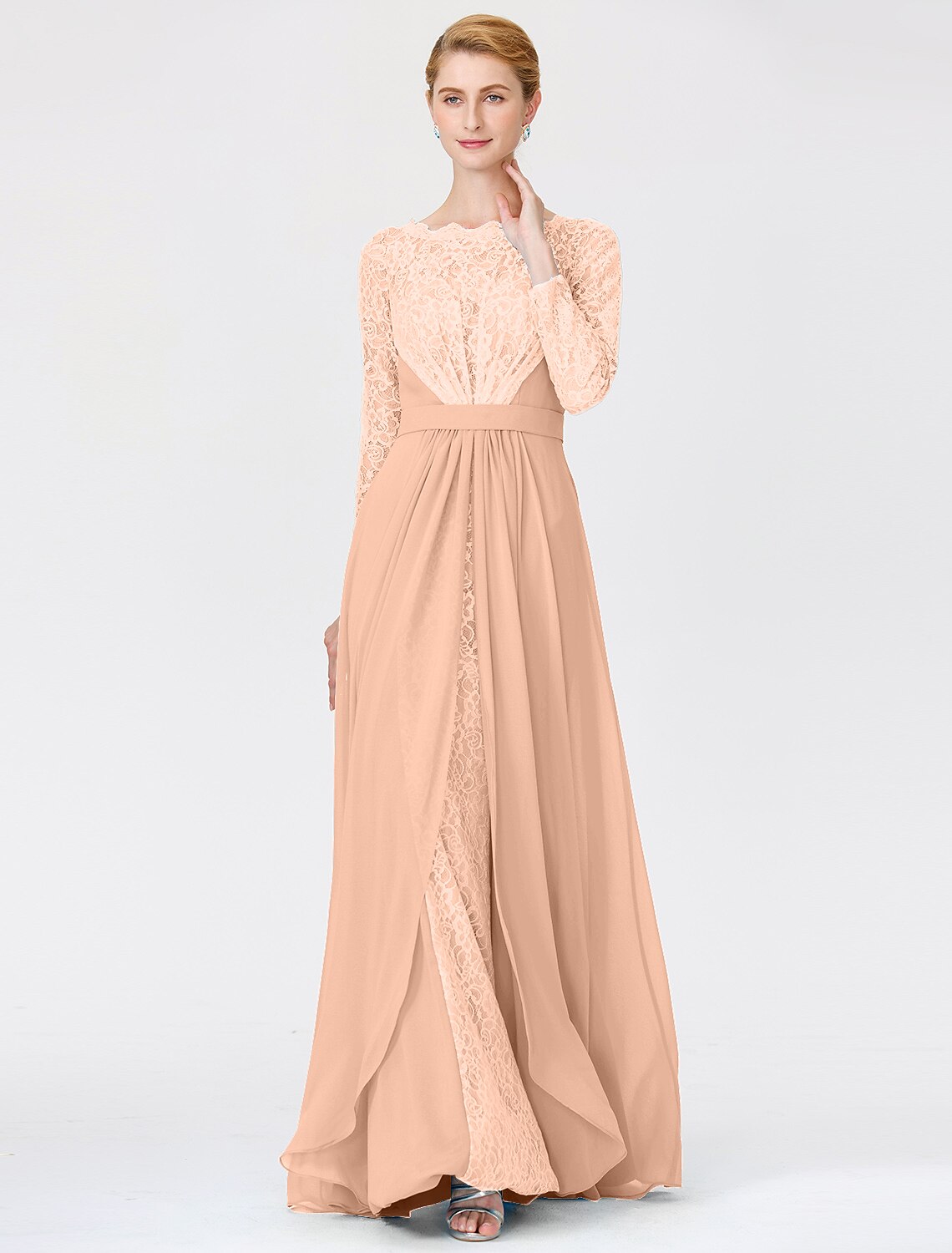 Wholesa A-Line Ball Gown Scoop Neck Floor Length Chiffon Lace Mother of the Bride Dress with Sash