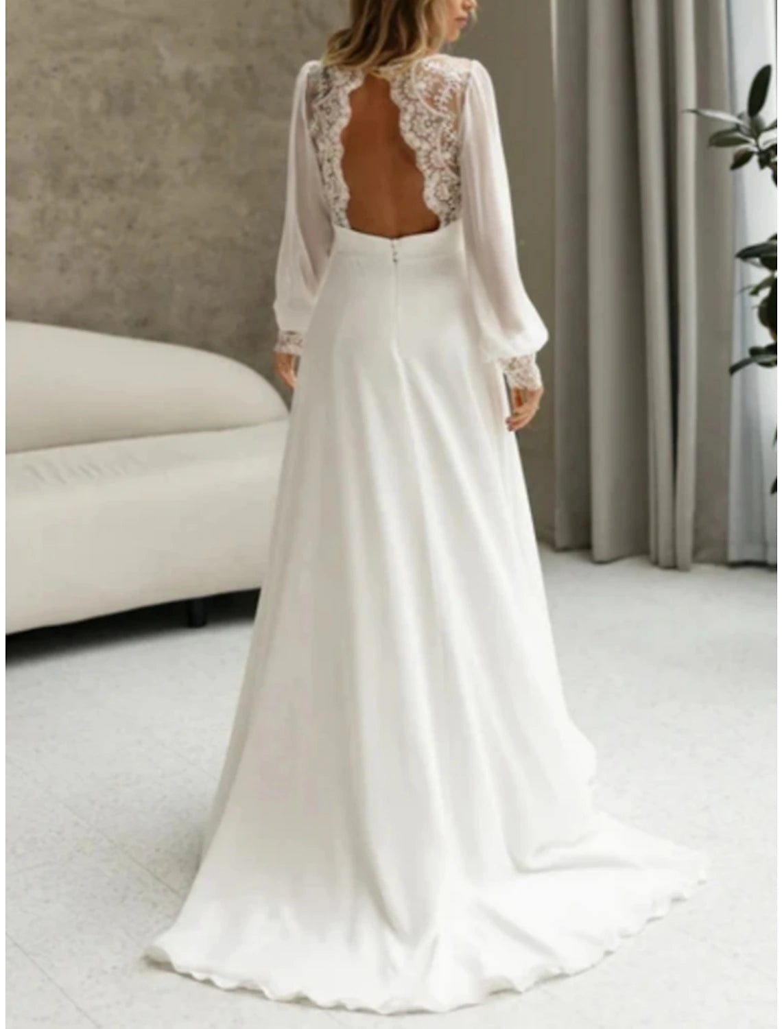 Wholesa Beach Simple Wedding Dresses Formal Wedding Dresses A-Line Illusion Neck Long Sleeve Floor Length Tulle Bridal Gowns With Ruched Beading