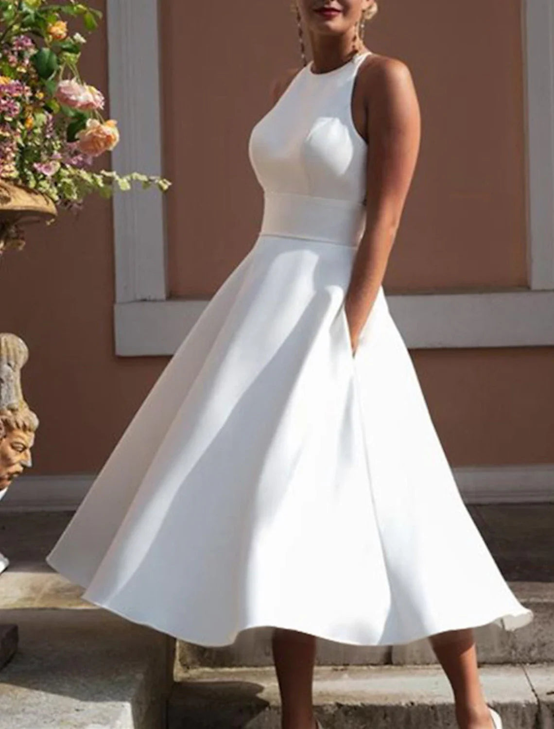 Wholesa Reception Little White Dresses Wedding Dresses A-Line Halter Neck Sleeveless Tea Length Satin Bridal Gowns With Solid Color