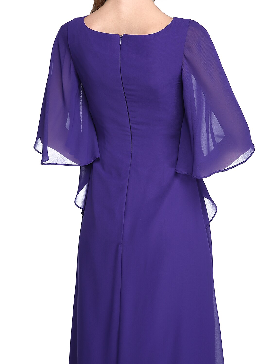 wholesale  Sheath / Column Mother of the Bride Dress Elegant Open Back Jewel Neck Floor Length Chiffon Half Sleeve with Pleats Beading Ruffle