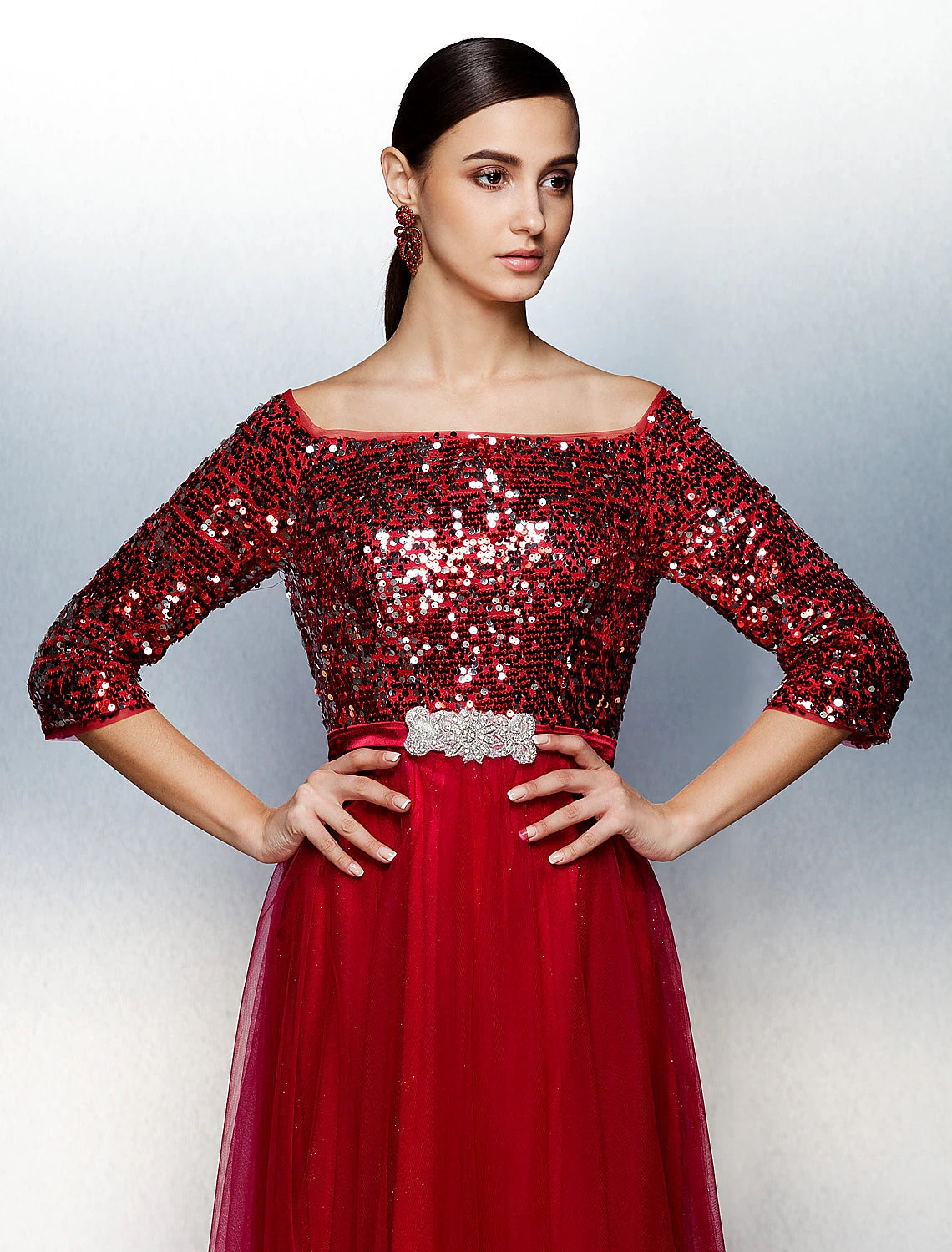 Wholesa A-Line Bateau Neck / Boat Neck Floor Length Tulle / Sequined Sparkle & Shine / Beaded & Sequin Prom / Formal Evening Dress with Sash / Ribbon / Sequin