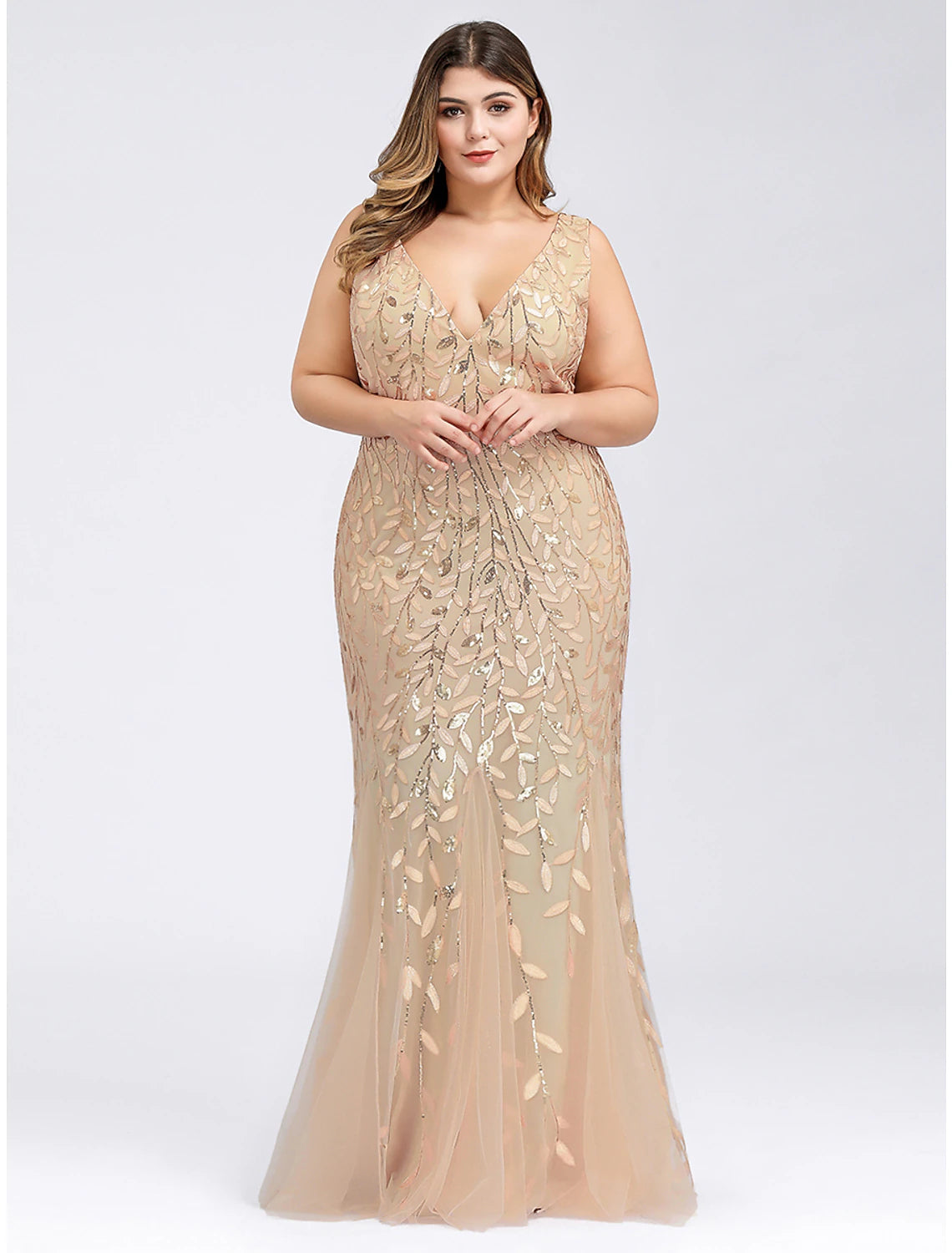 Wholesa Mermaid / Trumpet Evening Gown Plus Size Dress Wedding Guest Engagement Floor Length Sleeveless V Neck Lace V Back with Appliques