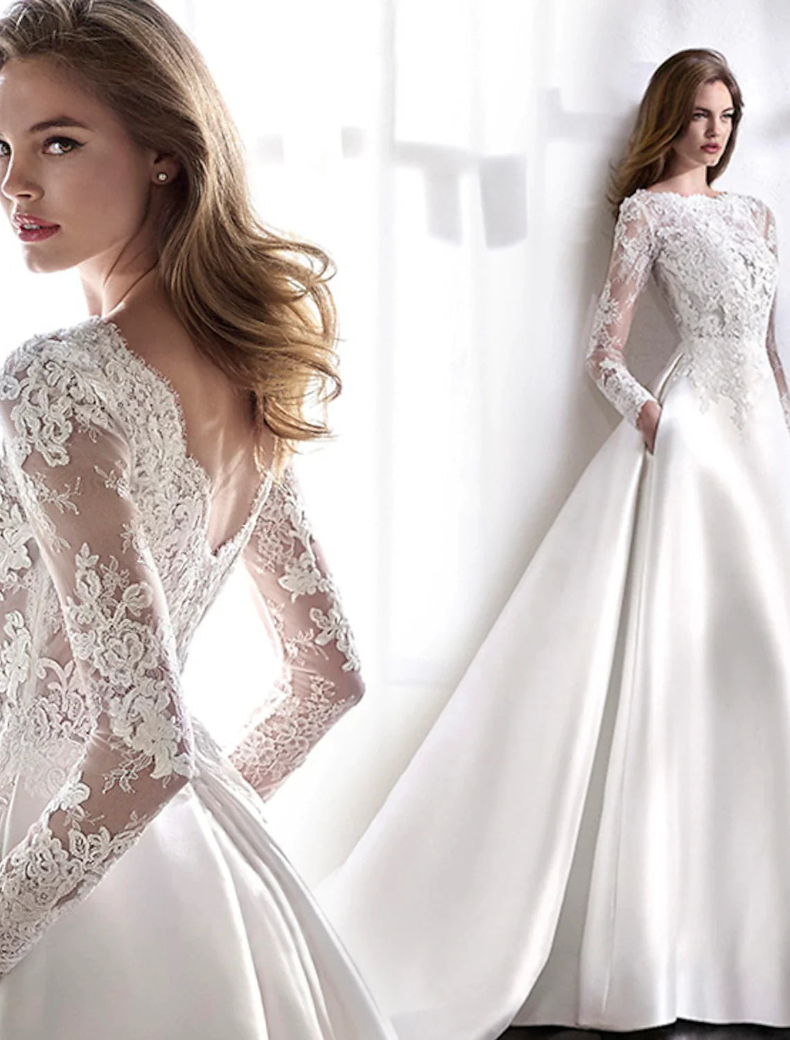 Wholesa Beach Formal Wedding Dresses Chapel Train A-Line Long Sleeve Illusion Neck Satin With Lace Pleats