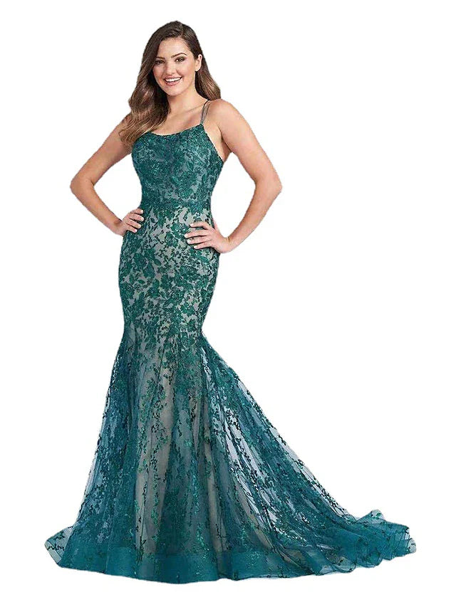 Wholesa Mermaid / Trumpet Evening Gown Color Block Dress Formal Court Train Sleeveless Spaghetti Strap Lace Backless with Appliques