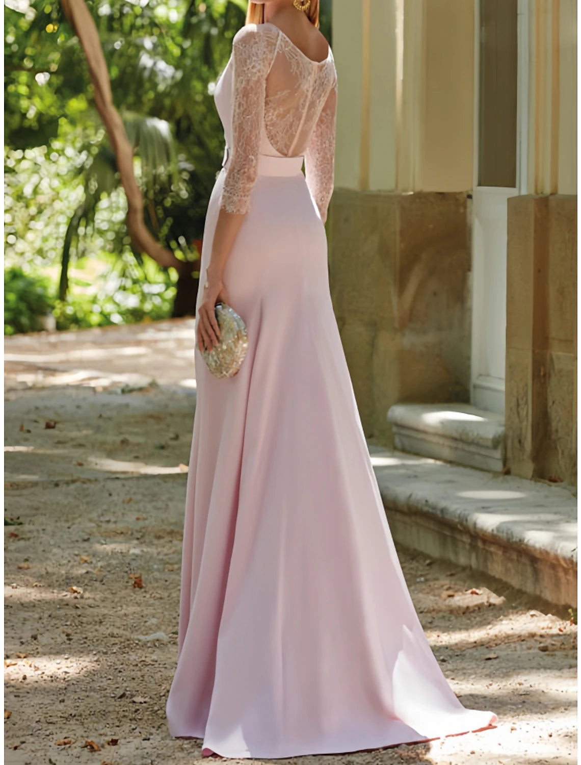 Wholesa Mermaid / Trumpet Mother of the Bride Dress Wedding Guest Elegant Scoop Neck Sweep / Brush Train Stretch Fabric 3/4 Length Sleeve with Lace Split Front Ruching