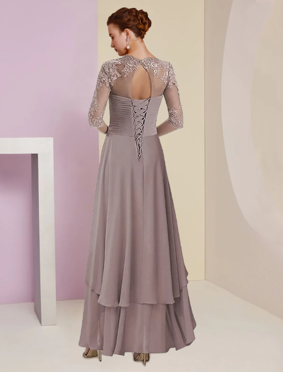 wholesale  Two Piece A-Line Mother of the Bride Dress Formal Wedding Guest Elegant Square Neck Asymmetrical Tea Length Chiffon Lace 3/4 Length Sleeve Wrap Included with Ruched Tier Appliques