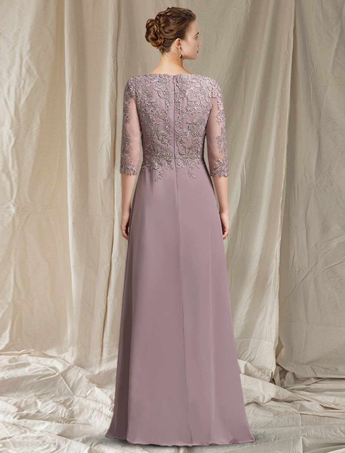 wholesale  A-Line Mother of the Bride Dress Elegant Jewel Neck Floor Length Chiffon Lace 3/4 Length Sleeve with Appliques