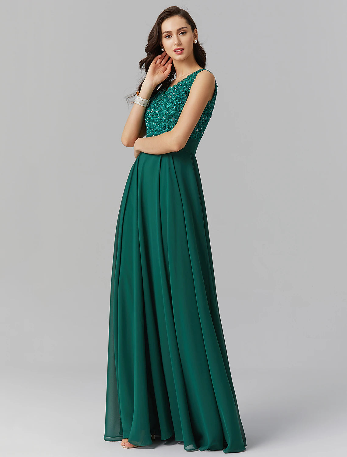 Wholesa A-Line Elegant Dress Wedding Guest Formal Evening Floor Length Sleeveless V Neck Chiffon V Back with Sash / Ribbon Beading