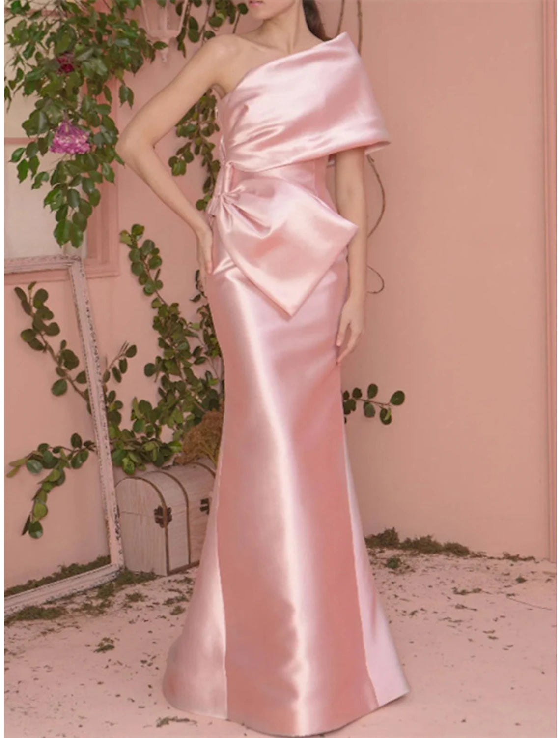 Wholesa Mermaid / Trumpet Prom Dresses Elegant Dress Engagement Formal Evening Floor Length Short Sleeve One Shoulder Satin with Bow(s)