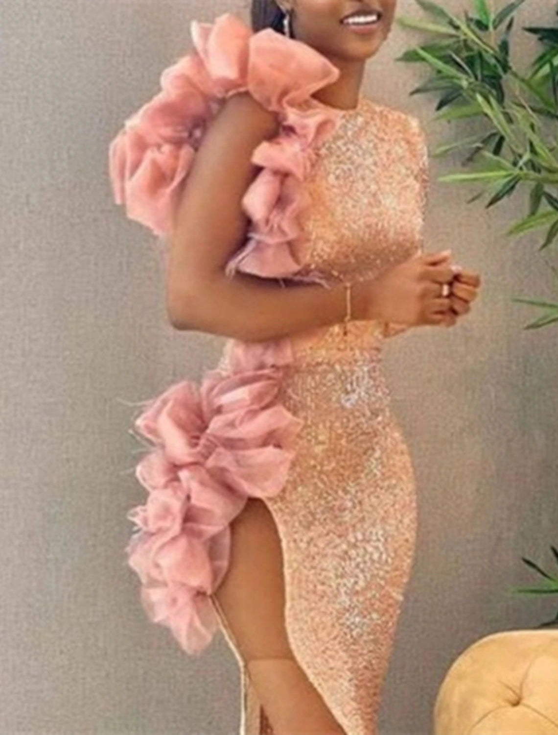 Wholesa  Mermaid / Trumpet Prom Dresses Sparkle Dress Formal Wedding Floor Length Long Sleeve One Shoulder Sequined with Sequin Slit