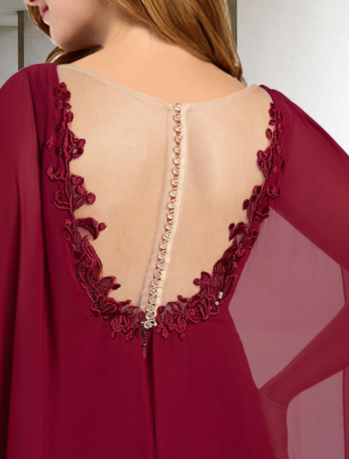 wholesale  A-Line Mother of the Bride Dress Plus Size Hide Belly Elegant V Neck Sweep / Brush Train Chiffon Lace Sleeveless Cap Sleeve No with Pleats Beading Appliques