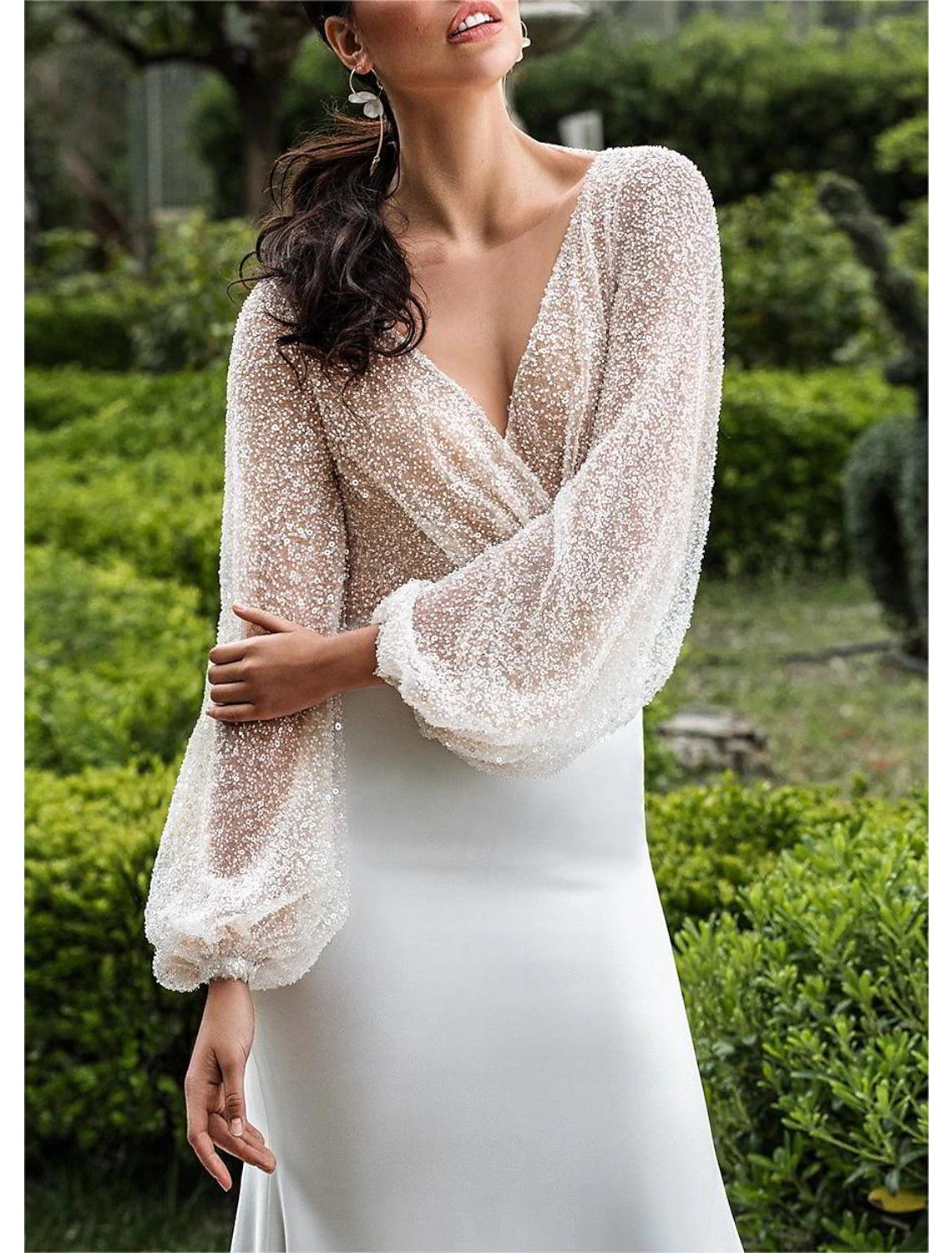 Wholesa Formal Wedding Dresses Mermaid / Trumpet V Neck Long Sleeve Sweep / Brush Train Sequined Bridal Gowns With Beading Solid Color