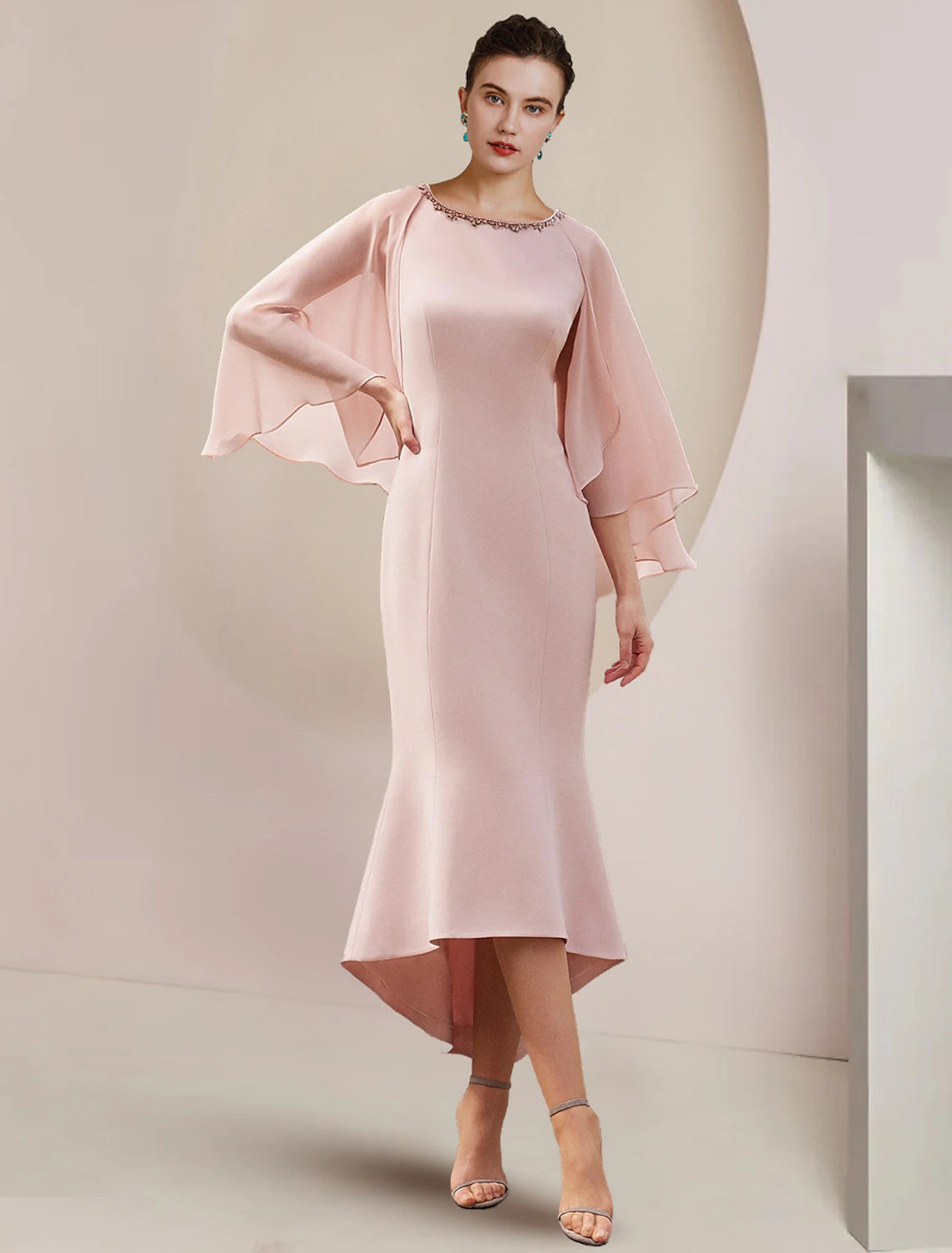 wholesale  Mermaid / Trumpet Mother of the Bride Dress Formal Wedding Guest Party Vintage Elegant Scoop Neck Asymmetrical Tea Length Chiffon Sleeveless with Beading