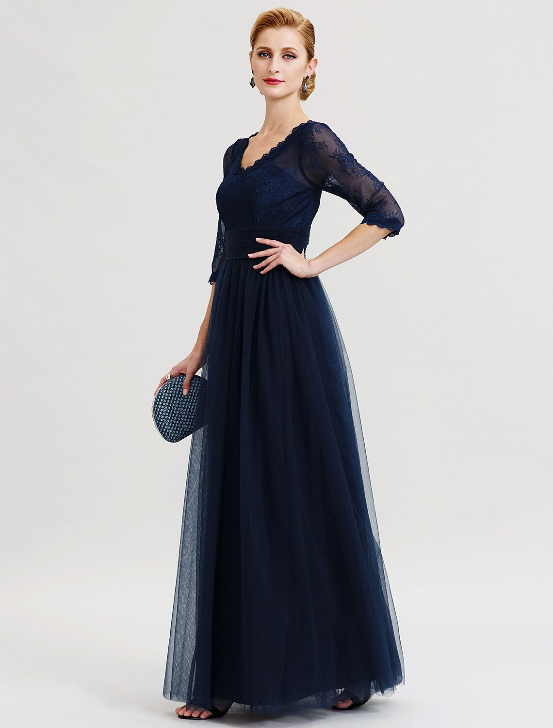 wholesale  Ball Gown A-Line Mother of the Bride Dress Beautiful Back See Through V Neck Floor Length Tulle Sheer Lace 3/4 Length Sleeve with Sash / Ribbon Pleats