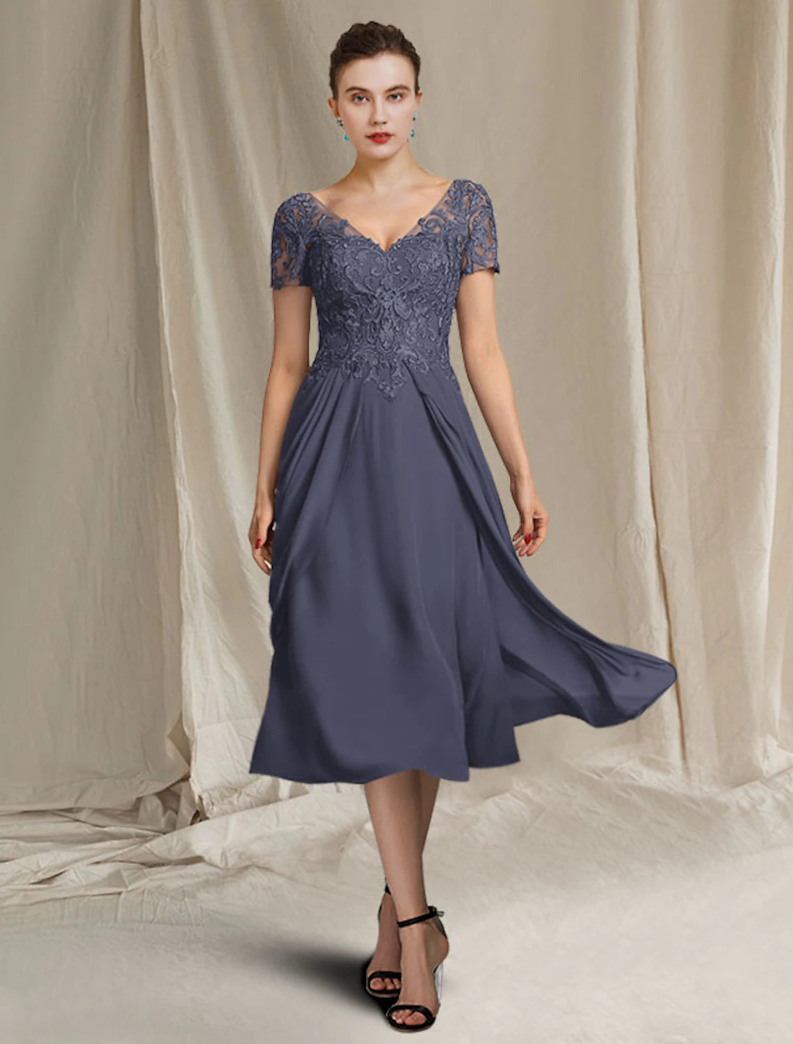 wholesale  A-Line Mother of the Bride Dress Plus Size Elegant V Neck Tea Length Chiffon Lace Short Sleeve Wrap Included with Appliques
