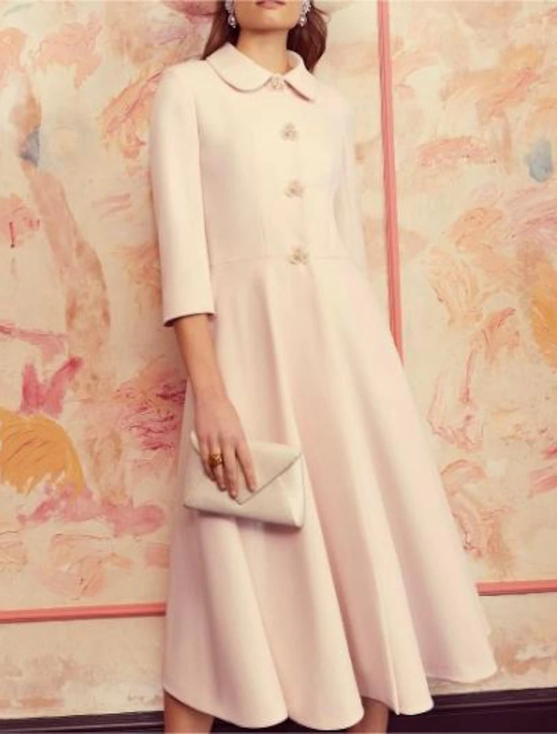 Wholesa  A-Line Mother of the Bride Dress Formal Wedding Guest Elegant Shirt Collar Tea Length Chiffon Sequined Stretch Chiffon 3/4 Length Sleeve with Crystals