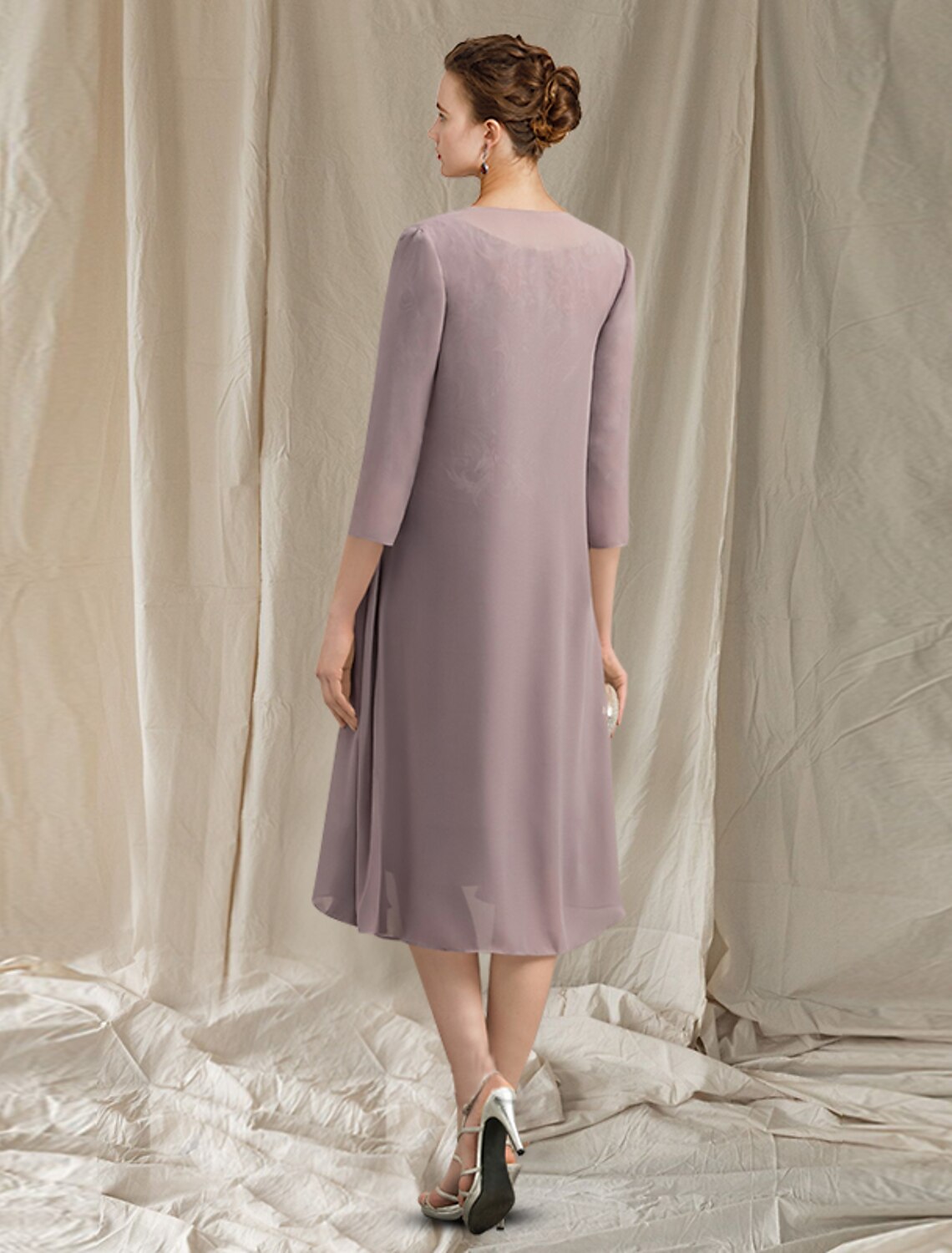 wholesale  Two Piece Sheath / Column Mother of the Bride Dress Church Elegant Jewel Neck Knee Length Chiffon Lace Half Sleeve Jacket Dresses with Appliques