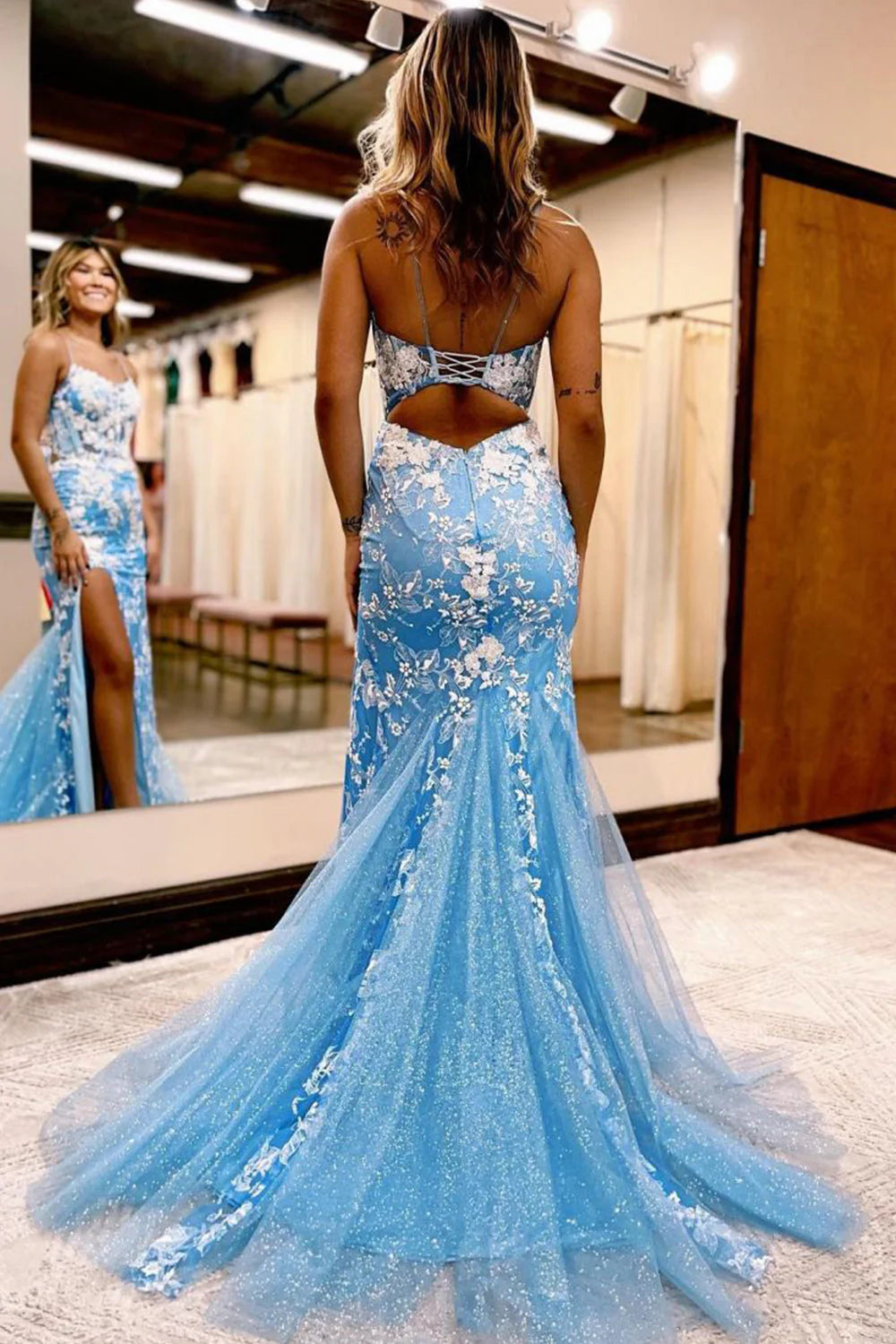 Wholesa Mermaid Open Back Lace Prom Dress with Slit