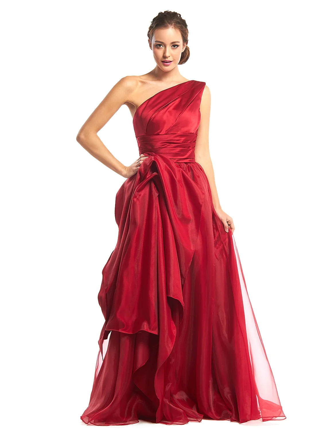 Wholesa A-Line Elegant Prom Formal Evening Dress One Shoulder Sleeveless Floor Length Organza with Side Draping