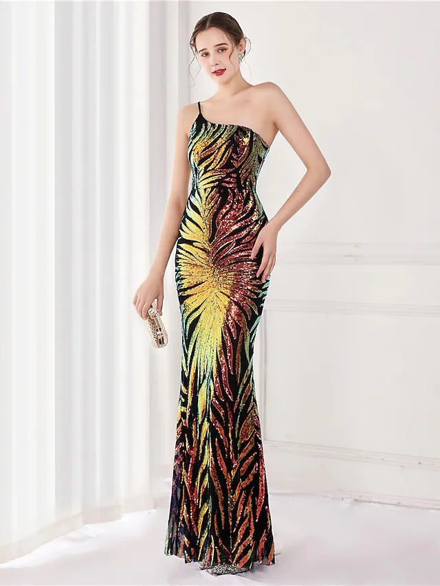 Wholesa Mermaid / Trumpet Evening Gown Elegant Dress Wedding Guest Floor Length Sleeveless One Shoulder Sequined V Back with Sequin