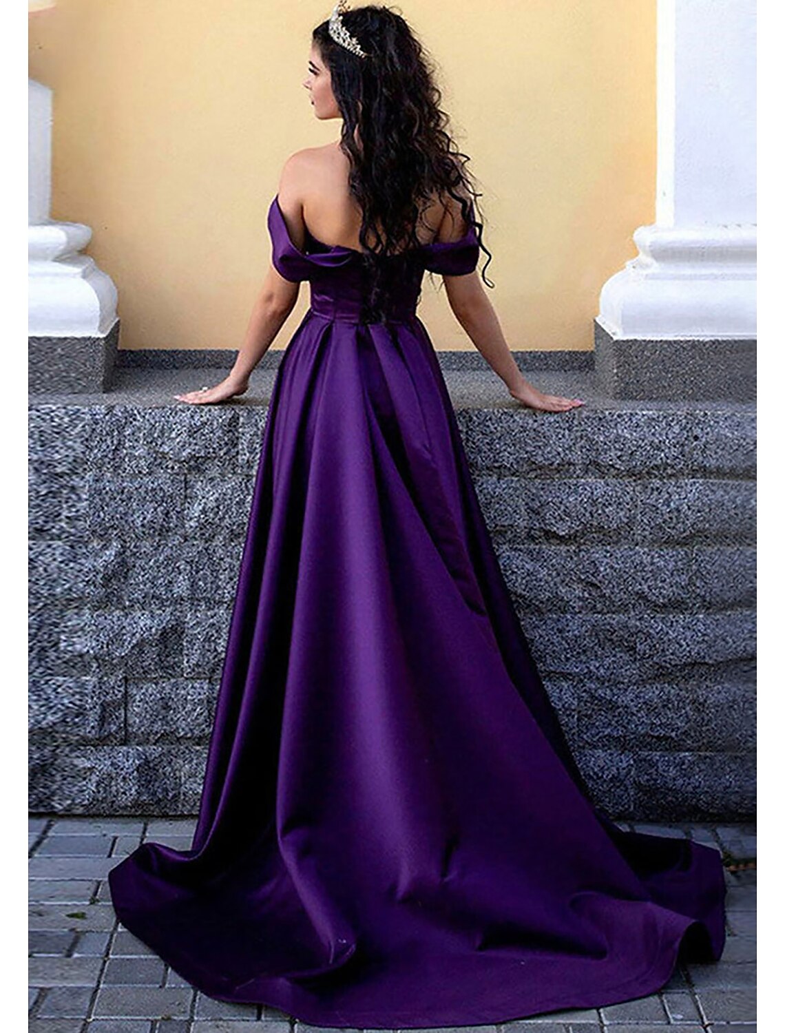 wholesale   A-Line Prom Dresses Princess Dress Formal Prom Sweep / Brush Train Sleeveless Off Shoulder Satin with Pleats Slit
