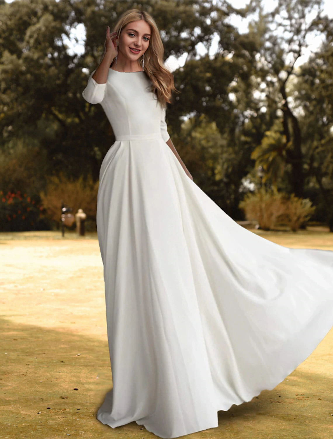 wholesale  Hall Casual Fall Wedding Dresses A-Line Scoop Neck 3/4 Length Sleeve Sweep / Brush Train Stretch Fabric Bridal Gowns With Pleats Solid Color