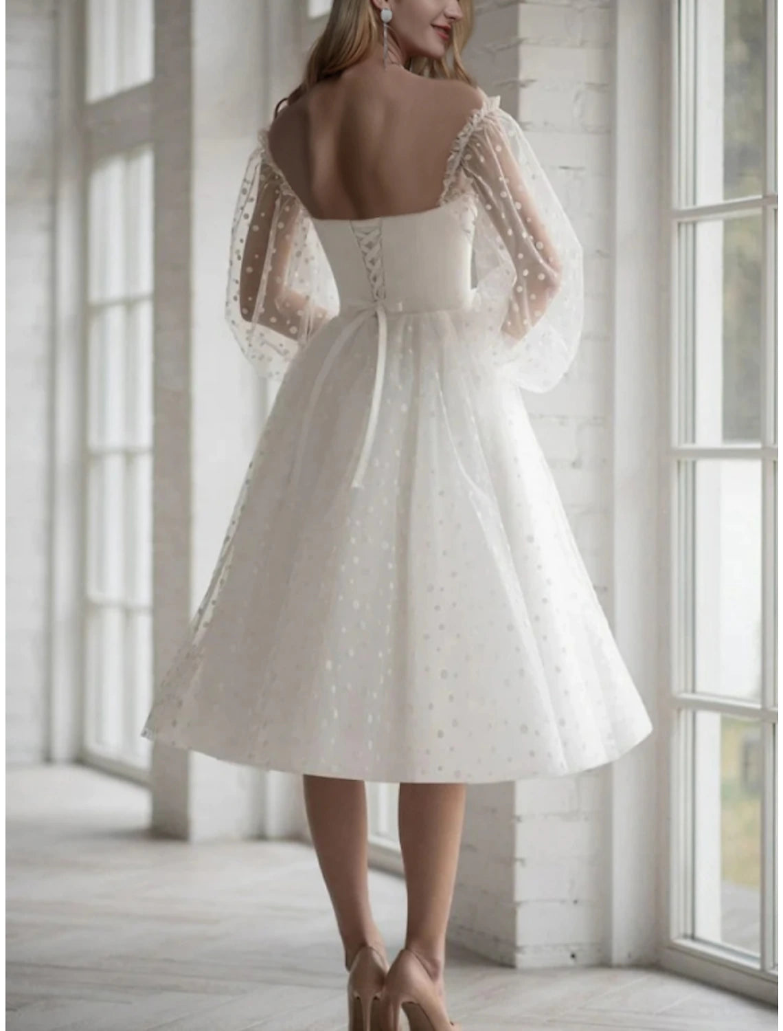 Wholesa Wedding Dresses Ball Gown Sweetheart Long Sleeve Tea Length Tulle Bridal Gowns With Pleats
