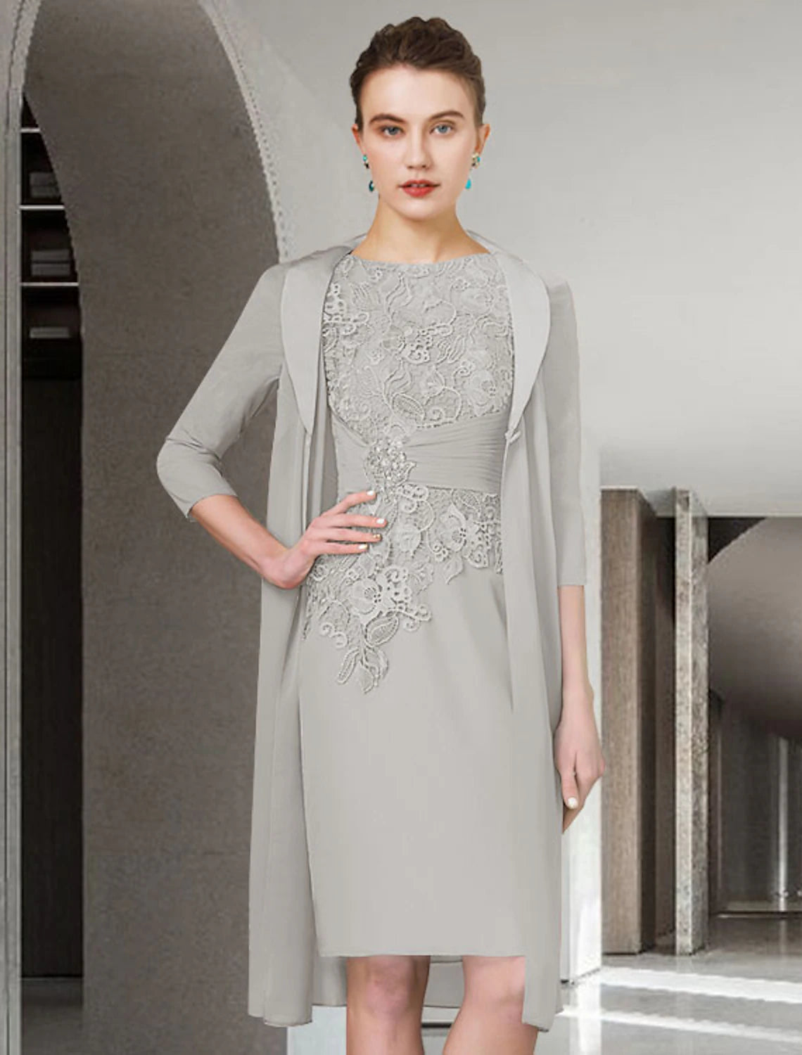 wholesale  Two Piece Sheath / Column Mother of the Bride Dress Fall Wedding Guest Church Plus Size Elegant Jewel Neck Knee Length Chiffon Lace Half Sleeve Wrap Included Jacket Dresses with Ruched Appliques