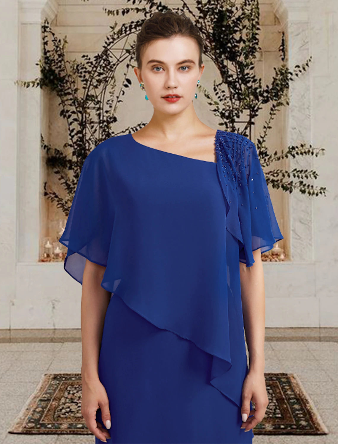 wholesale  Sheath / Column Mother of the Bride Dress Plus Size Elegant Bateau Neck Floor Length Chiffon Short Sleeve with Beading Ruffles