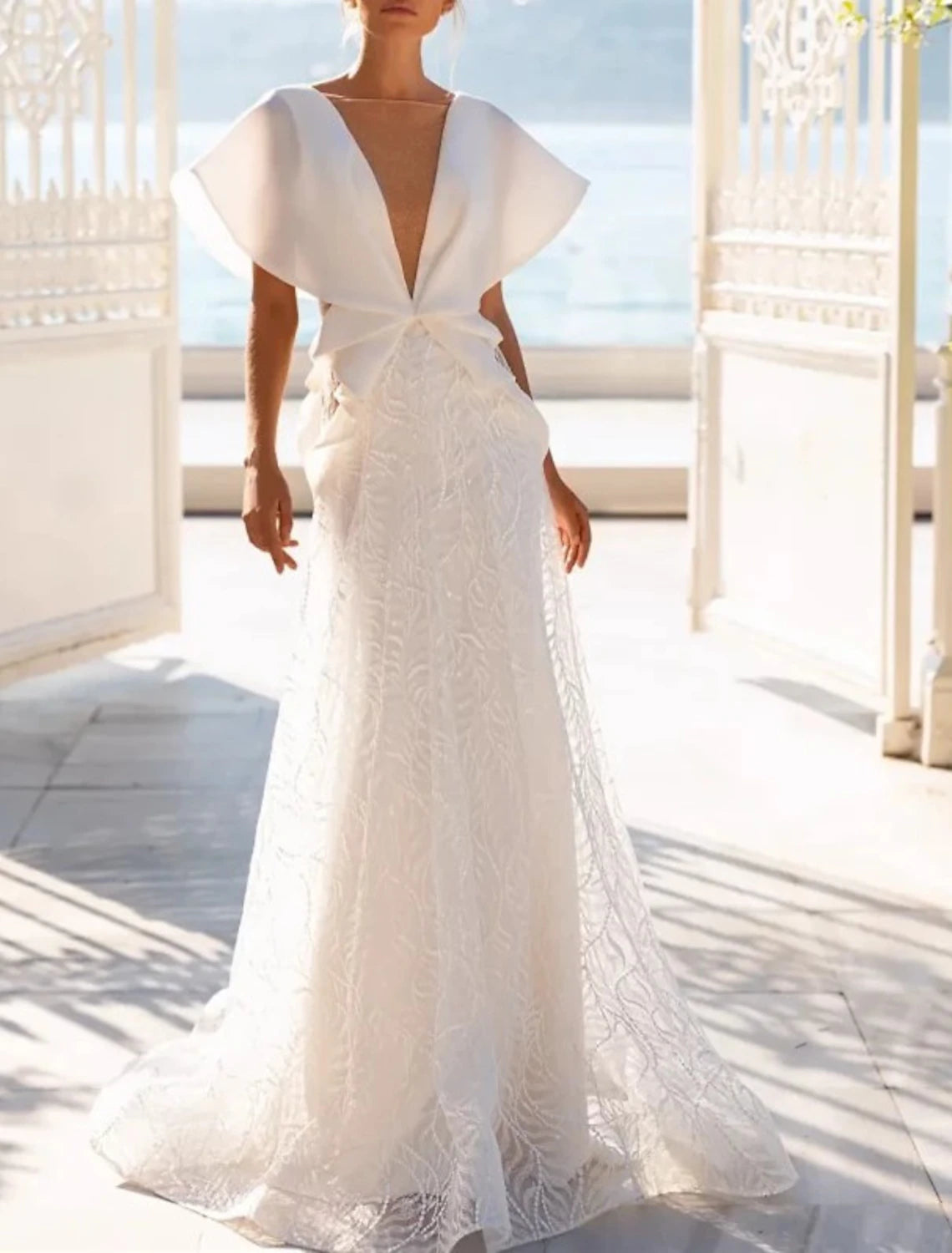 Wholesa Beach Formal Wedding Dresses A-Line V Neck Cap Sleeve Sweep / Brush Train Lace Bridal Gowns With Appliques Solid Color