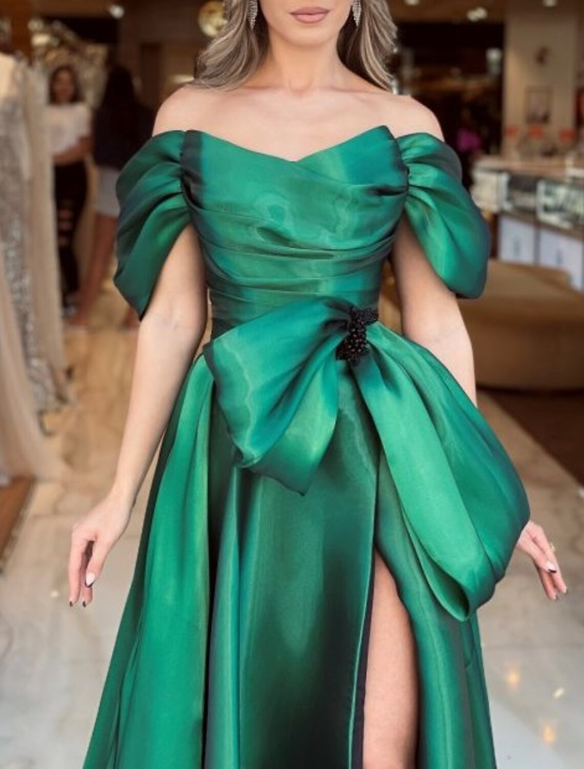 Wholesa A-Line Evening Gown Party Dress Sparkle & Shine Dress Formal Wedding Reception Chapel Train Short Sleeve Off Shoulder Satin with Bow(s) Ruched Beading