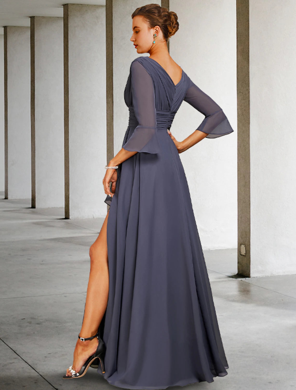 wholesale  A-Line Mother of the Bride Dress Elegant High Low V Neck Asymmetrical Floor Length Chiffon 3/4 Length Sleeve with Split Front Ruching