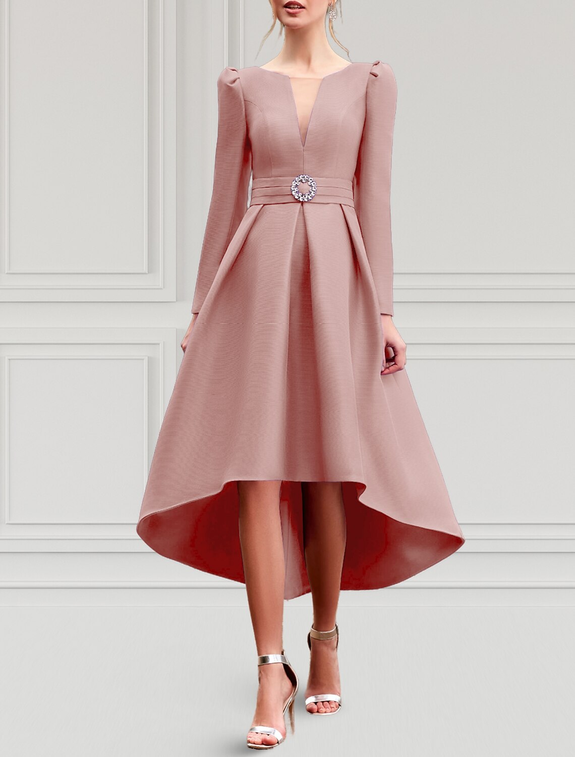 Wholesa A-Line Cocktail Dresses Elegant Dress Formal Wedding Guest Asymmetrical Long Sleeve Jewel Neck Belt / Sash Taffeta with Pleats