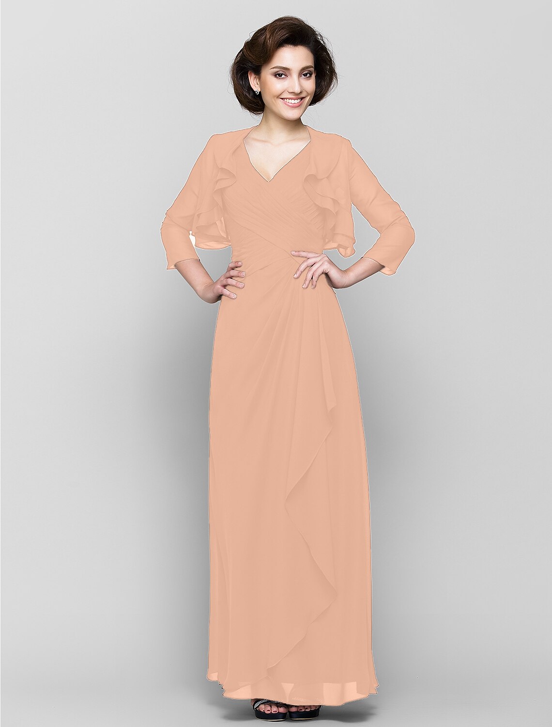 wholesale  Sheath / Column Mother of the Bride Dress Convertible Dress V Neck Floor Length Chiffon 3/4 Length Sleeve with Criss Cross Cascading Ruffles