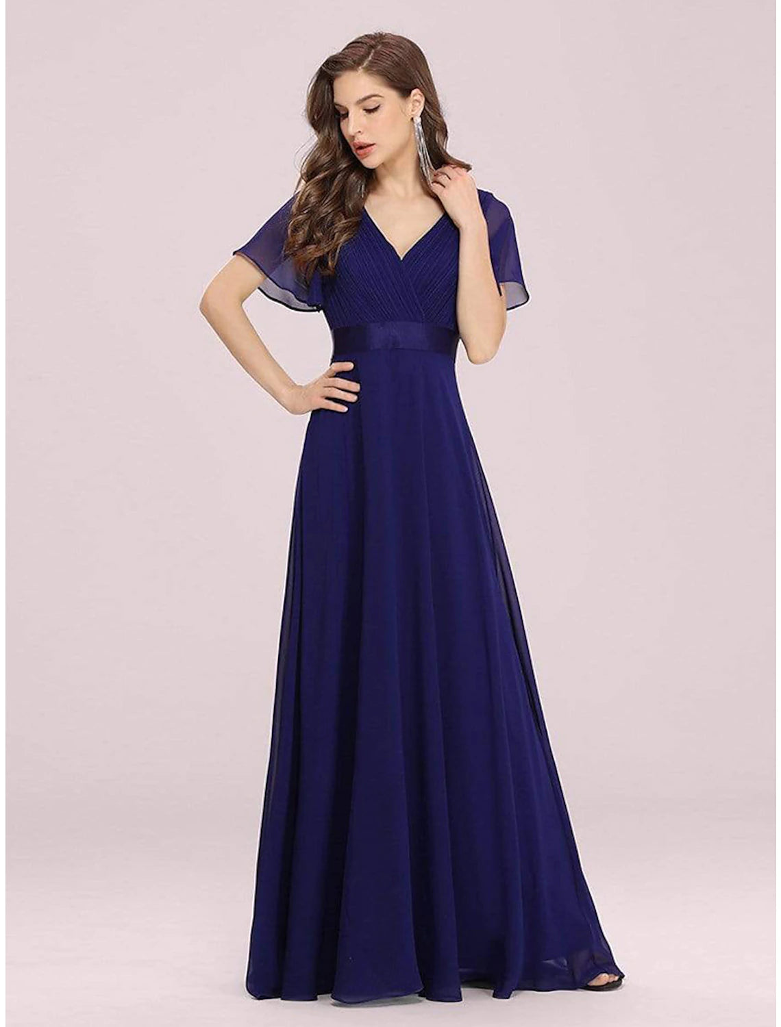 wholesale  A-Line Evening Gown Party Dress Empire Dress Wedding Guest Formal Evening Floor Length Short Sleeve V Neck Bridesmaid Dress Chiffon V Back with Ruffles Pure Color
