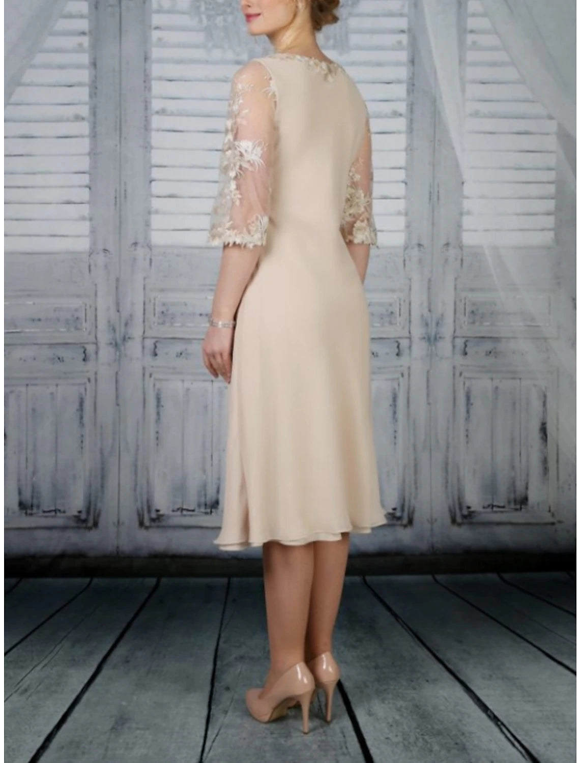 Wholesa Sheath / Column Mother of the Bride Dress Wedding Guest Elegant Party Scoop Neck Tea Length Chiffon Lace Half Sleeve with Ruffles Solid Color