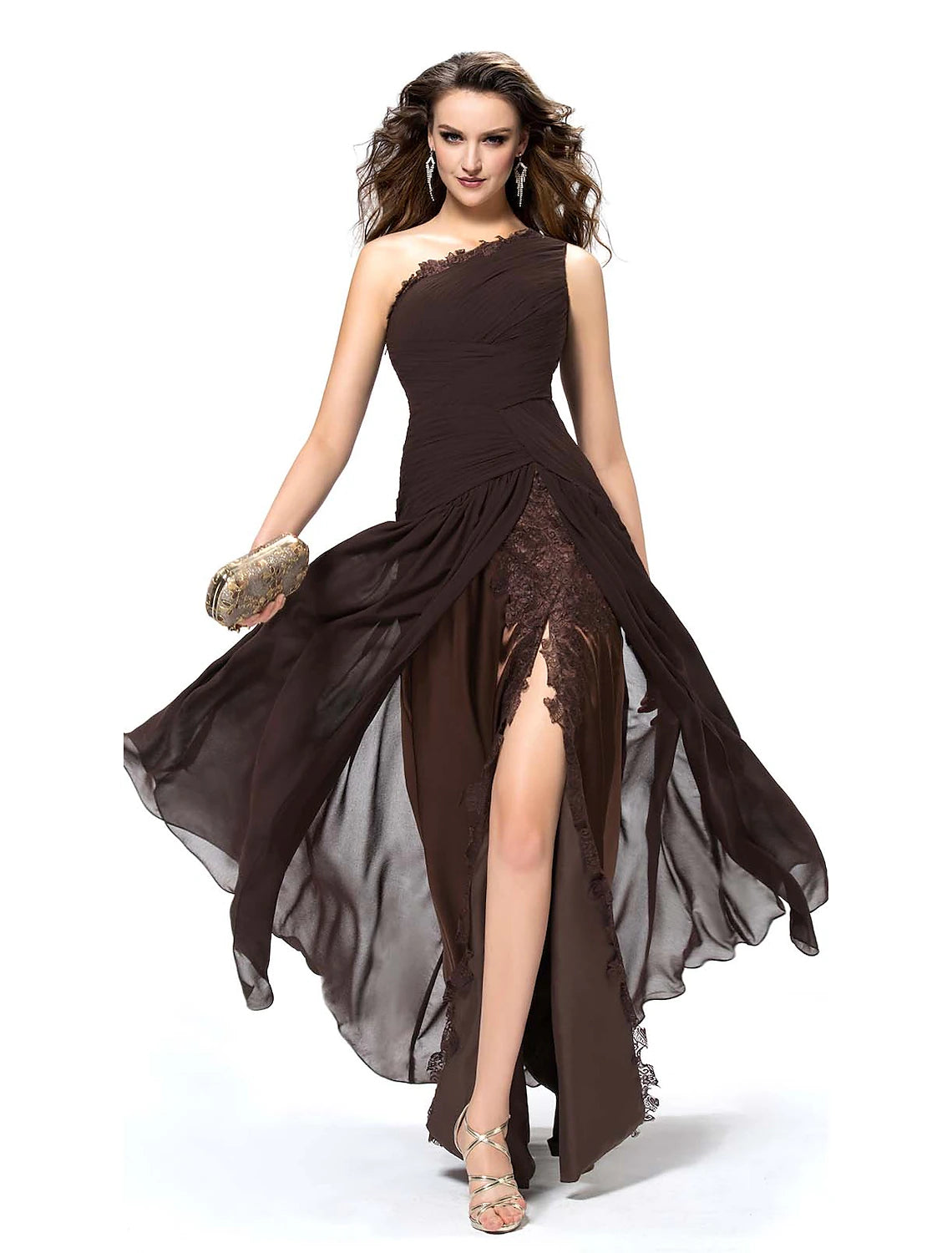 Wholesa A-Line Elegant Sexy Party Wear Formal Evening Dress One Shoulder Backless Sleeveless Floor Length Chiffon with Slit Lace Insert