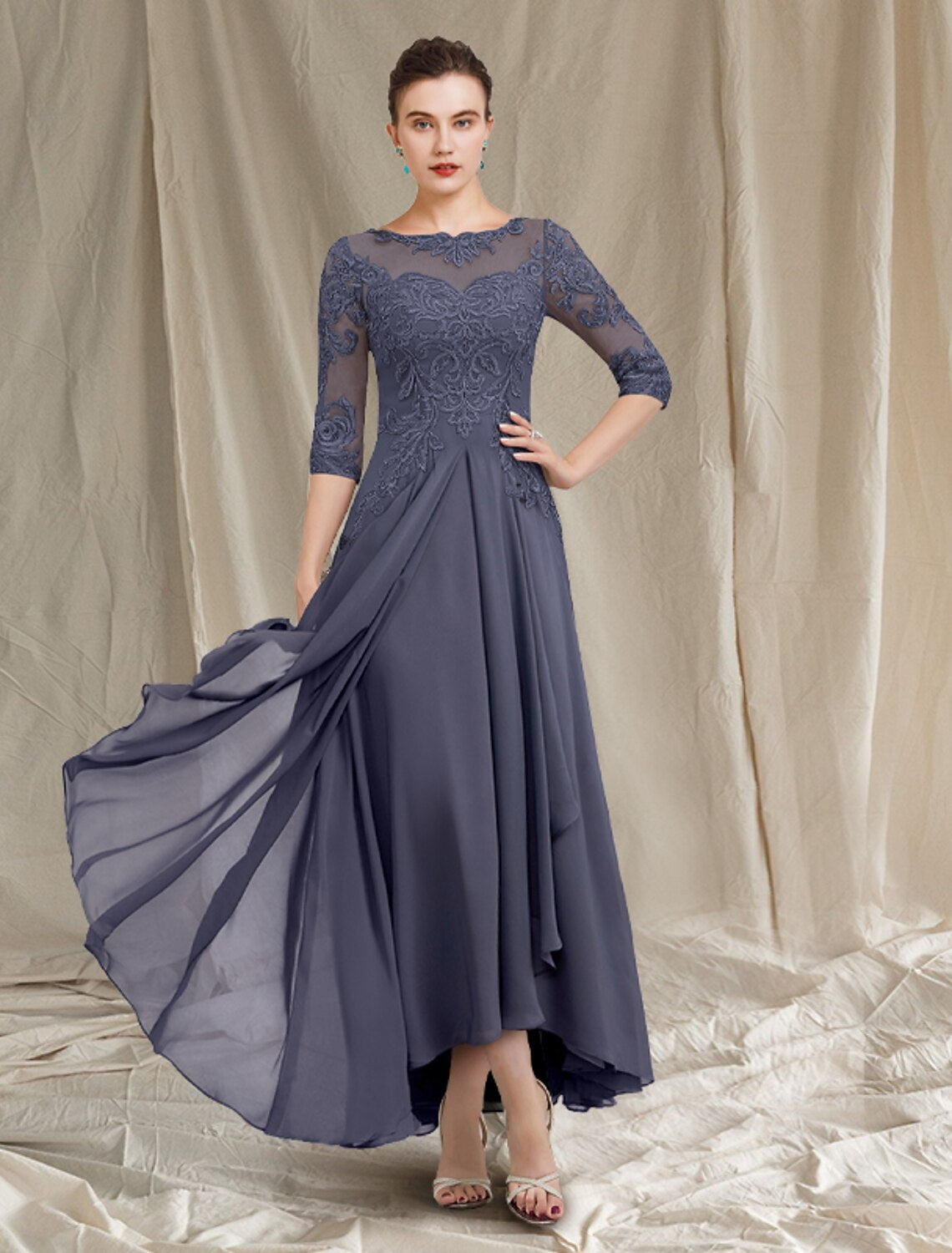 wholesale  A-Line Mother of the Bride Dress Elegant High Low Jewel Neck Asymmetrical Tea Length Chiffon Lace 3/4 Length Sleeve with Pleats Appliques