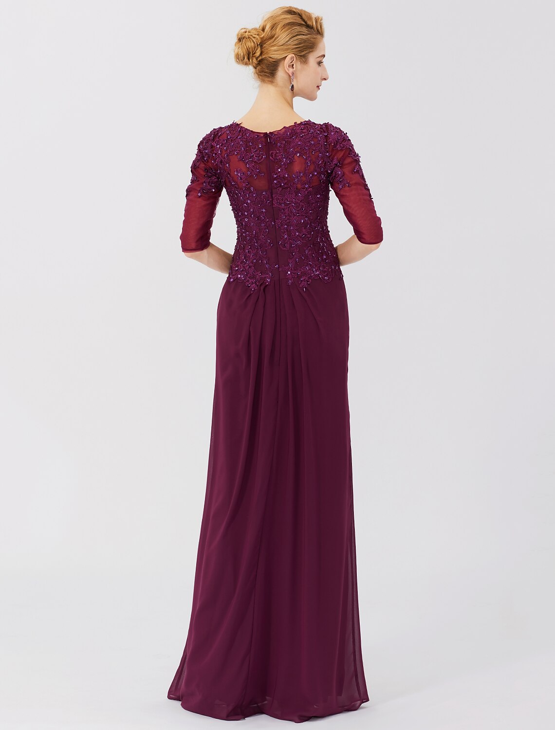 wholesale  Sheath / Column Mother of the Bride Dress Formal Classic & Timeless Elegant & Luxurious See Through Illusion Neck Floor Length Chiffon Beaded Lace 3/4 Length Sleeve No with Pleats Beading