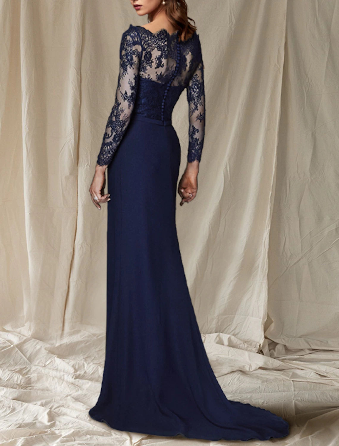 wholesale  Mermaid / Trumpet Mother of the Bride Dress Elegant Off Shoulder Sweep / Brush Train Chiffon Lace Long Sleeve with Appliques Side-Draped