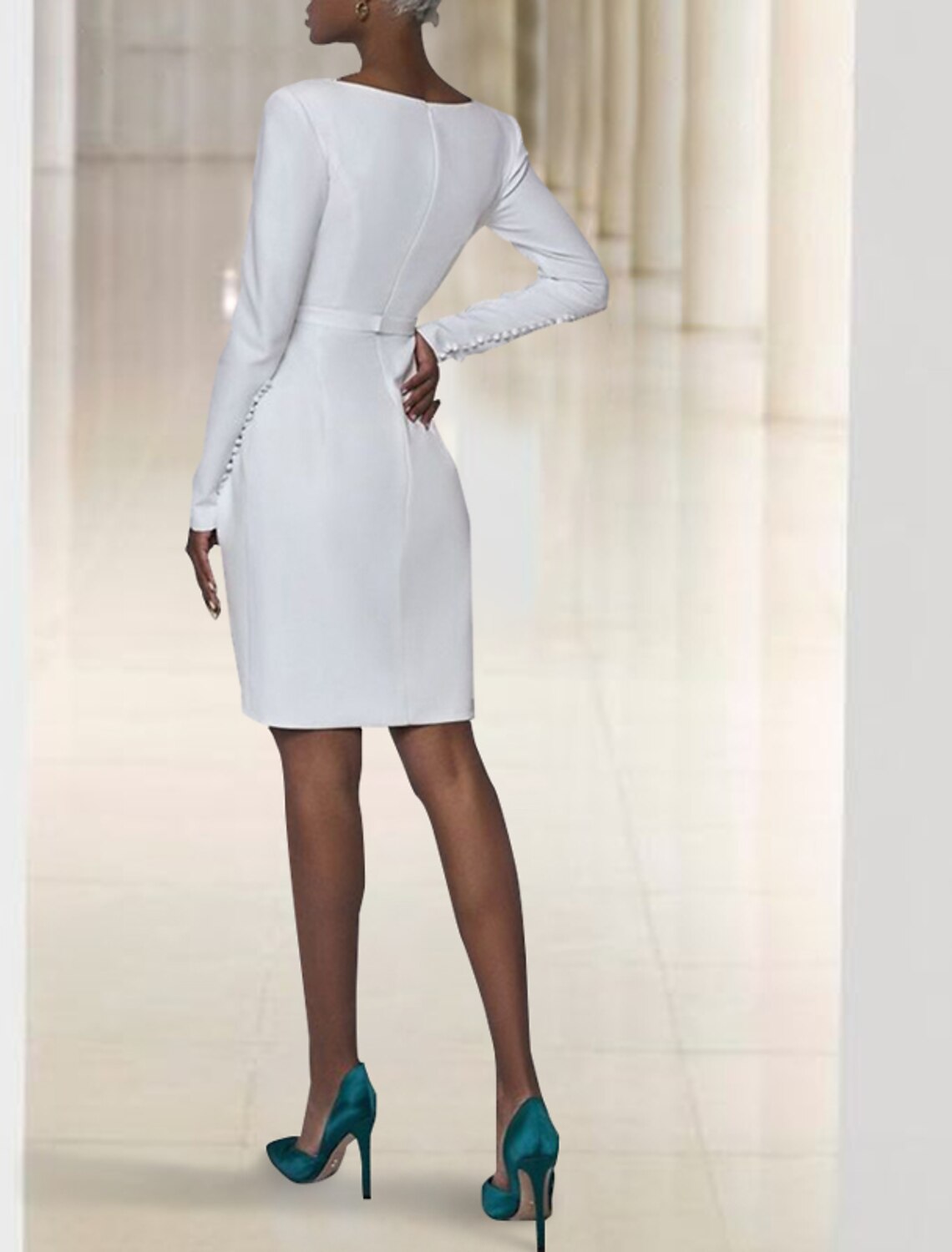 Wholesa Reception Little White Dresses Wedding Dresses Sheath / Column V Neck Long Sleeve Short / Mini Stretch Fabric Bridal Gowns With Buttons Split Front
