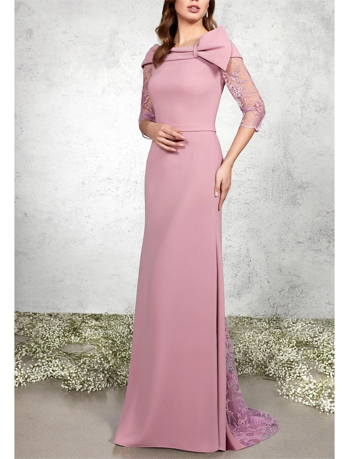 Wholesa  A-Line Mother of the Bride Dress Formal Wedding Guest Elegant Bateau Neck Sweep / Brush Train Chiffon Lace 3/4 Length Sleeve with Bow(s) Appliques